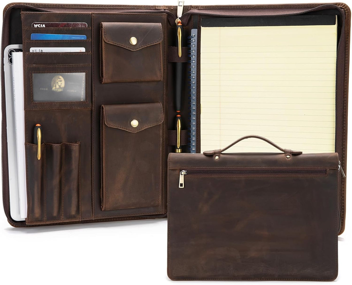 Genuine Leather Portfolio with Hidden Handle, Zippered Front Pocket, Business Padfolio for Men and Women, 8.5 x 11 Legal Pad Notebook Holder, Office Letter Notepad Folio, Dark Khaki
