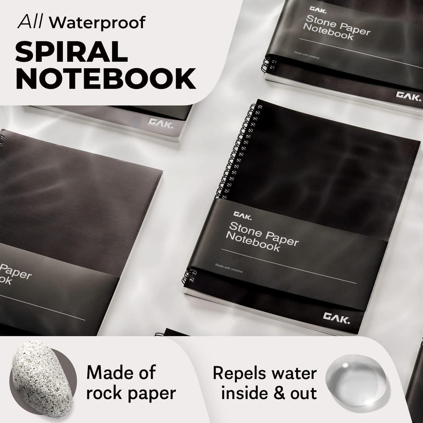 GAK. Stone Paper Waterproof Sheet Spiral Notebook (M Size) – 5.8”x8.3”, 50 sheets, Stone Paper Notebook Journal Note Taking Waterproof Notepad College Ruled Paper Black Notebook Aesthetic School