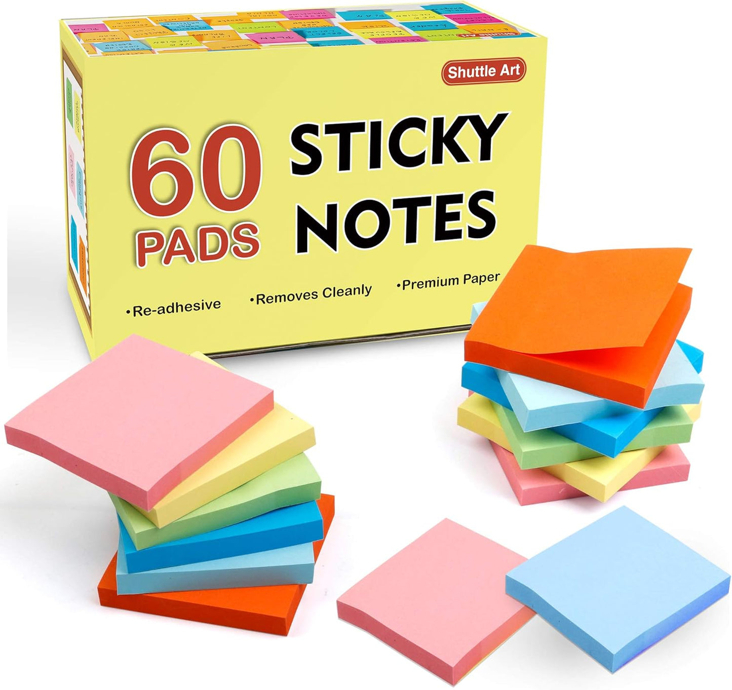 Sticky Notes, Shuttle Art 60 Pads Bright Stickies, 6 Assorted Colors, 3x3 Inches, 100 Sheets/Pad Sticky Pads for Home, School, Office