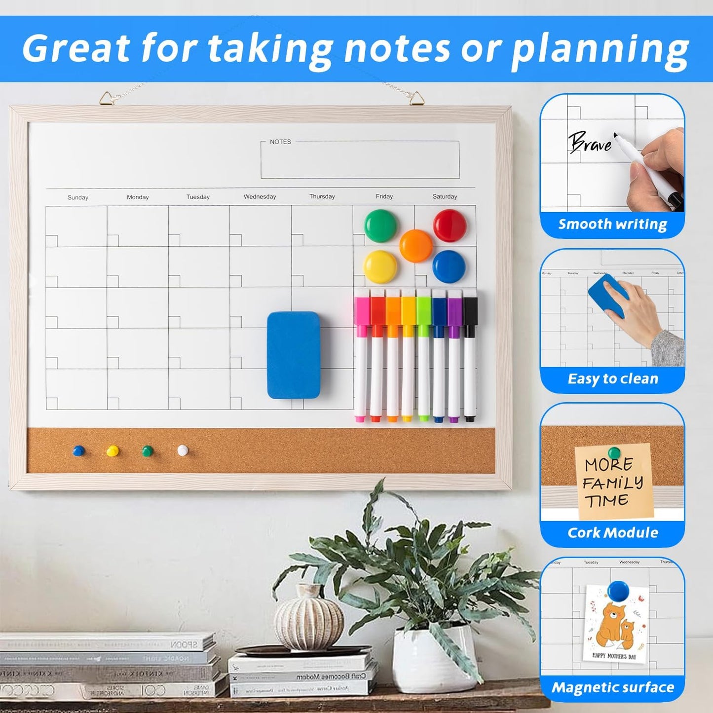Dry Erase Calendar Whiteboard, 17" x 13" Magnetic Whiteboard Cork Board Combo, Reusable Monthly Planner with 8 Markers, Eraser, Magnets and Pushpins, Hanging Dry Erase Board for Home, School - White