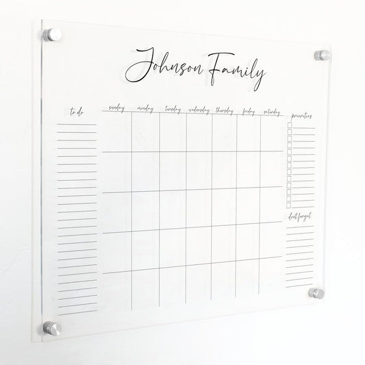 Personalized Clear Acrylic Calendar for Wall, Calendar Whiteboard for Wall, Dry Erase Wall Calendar, Wall Calendar Organizer System for Home (Cursive, Black, 23"W x18.5"H)