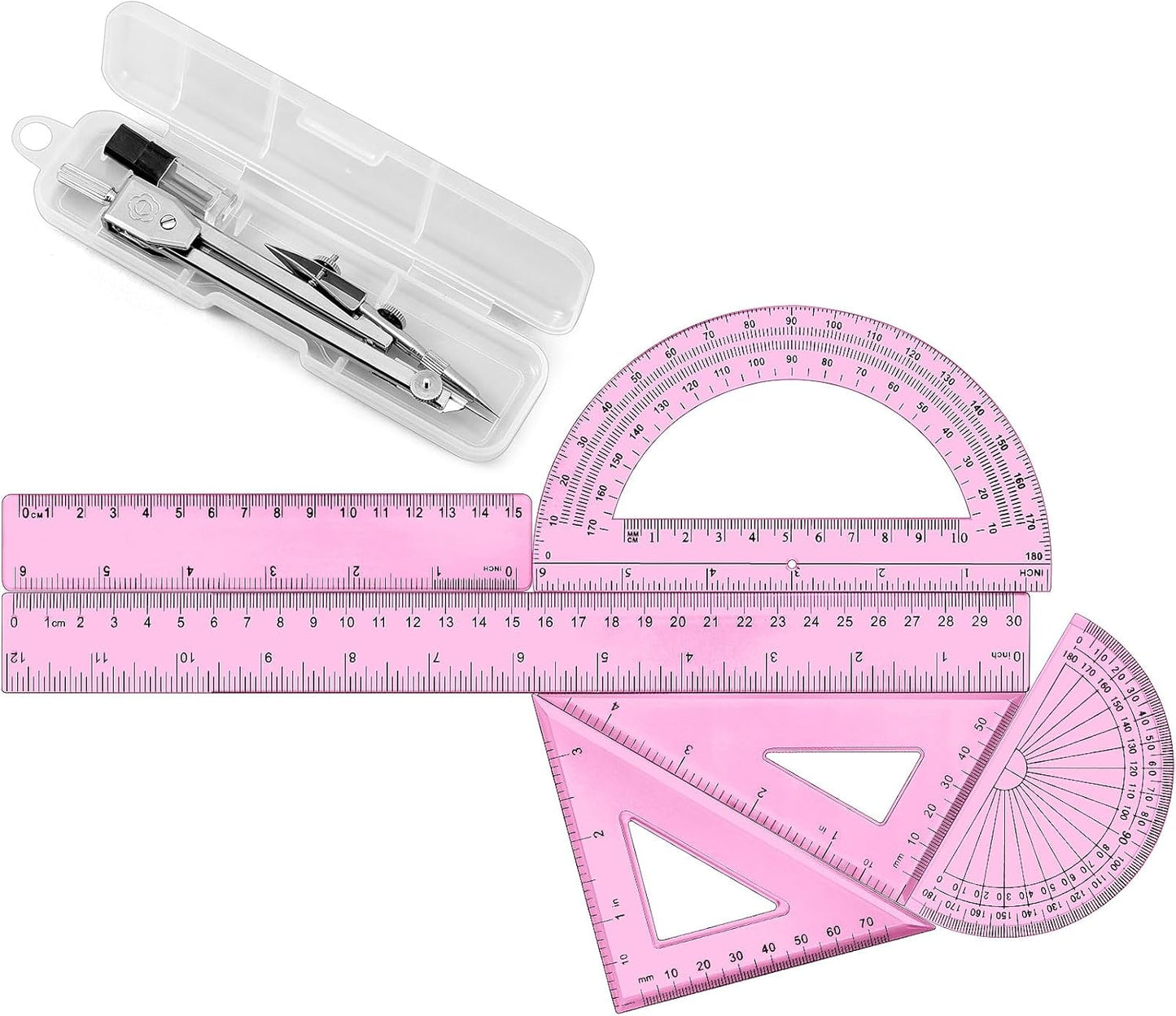 Zonon 1 Set Plastic Geometry Math Set Includes Drawing Compass, 6 Inch 4 Inch Protractor, 45/60 Degree Triangle Rulers 12 Inch 6 Inch Math Ruler Transparent for Office Supplies (Pink)