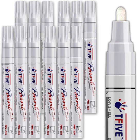 White Paint Pens Markers - 12 Pack Oil Based Permanent Marker, Medium Tip, Never Fade, Quick Dry, Waterproof Paint Pen for Rocks Painting, Wood, Fabric, Plastic, Canvas, Glass, Metal