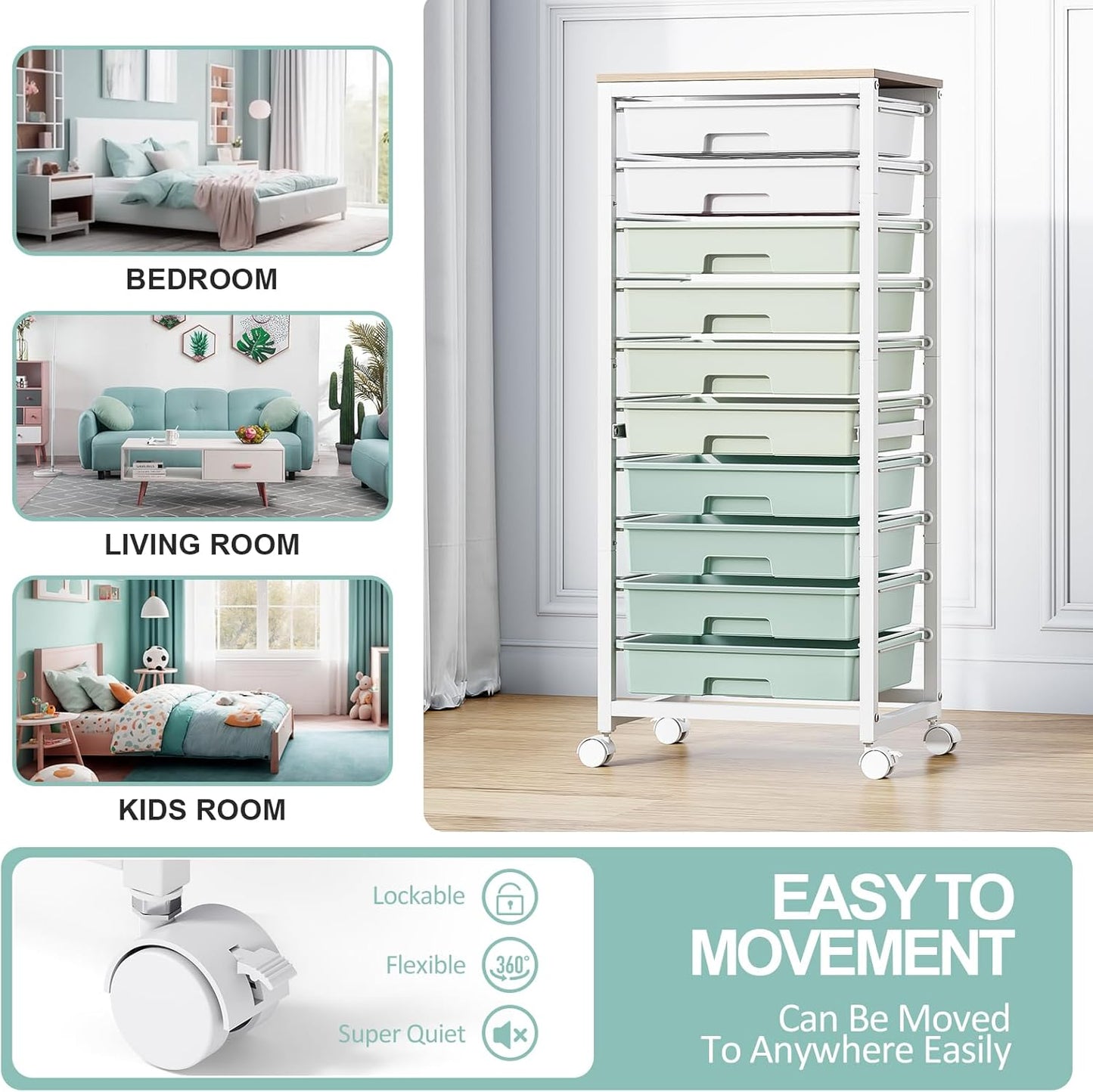 Rolling Cart with Drawers,10 Drawer Rolling Cart,Storage Cart,Utility Cart,Teacher Cart for Classroom Storage,Craft Cart with Wheels and Wooden Tabletop,Green