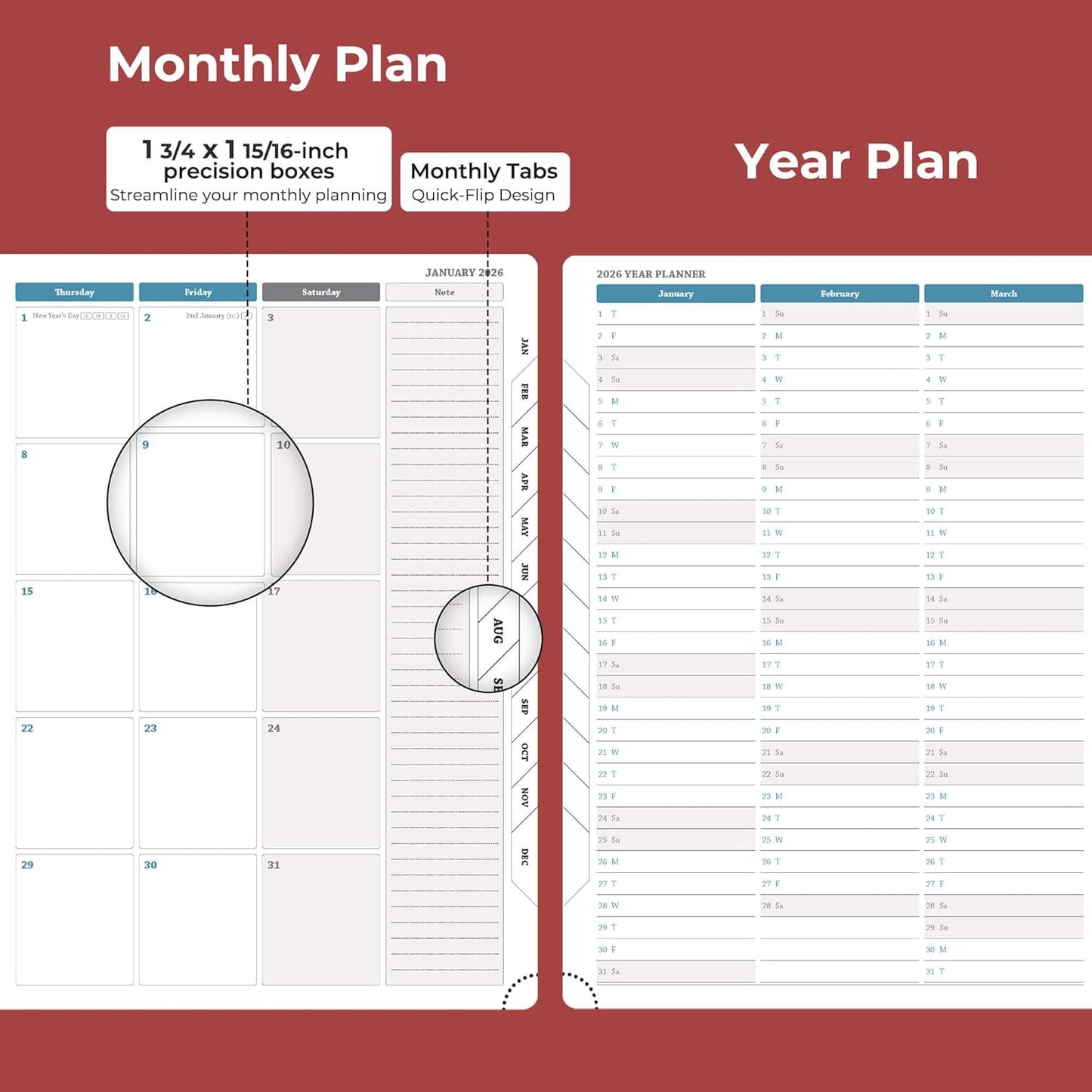 Weekly Monthly 2026 Planner (Jan.26-Dec.26),11.5"x8.5",12 Months Agenda Plan with Month Tabs & Pocket,Expenses/Note Pages, Appointment Book Calendar with Hardcover Vegan Leather Cover,Red