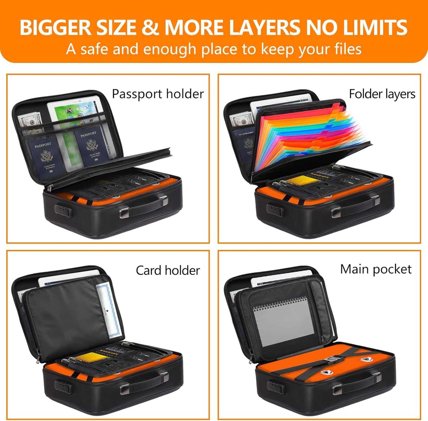 Fireproof Document Box with Lock, Portable Water Resistant File Organizer with Hard Case, 16" x 12"x 6" Home Travel Office Safe Storage for Important Documents, Passports, Laptop, Black