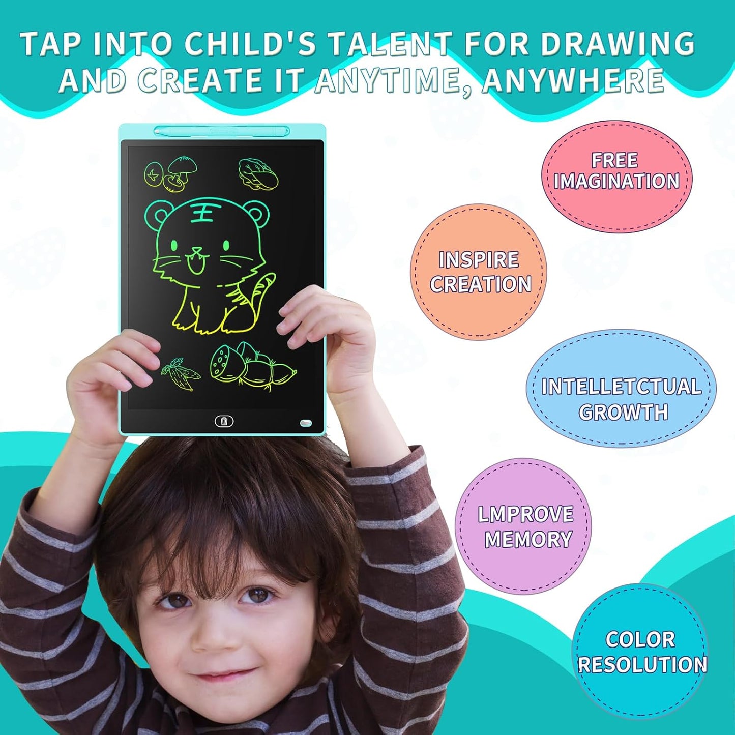 LCD Writing Board 16 Inches, Colourful Electronic Tablet, Portable Erasable Drawing Board, Graphic Tablet for Children's Games 3 4 5 6 7 Year Old Kid Boys Girls (Blue)