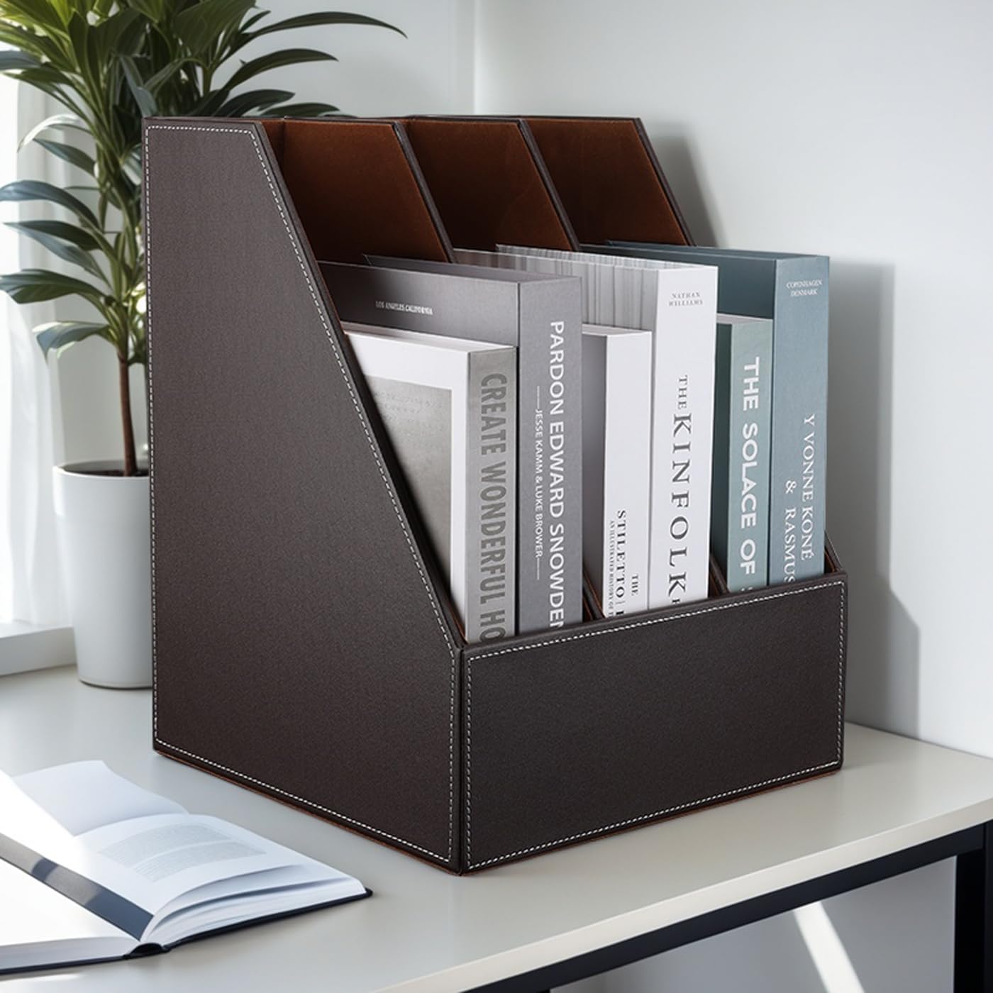 KINGFOM Desktop Wooden Leatherette Magazine File Holder-Organizer-3 Compartment Stand Rack-Papers Storage Box (brown)