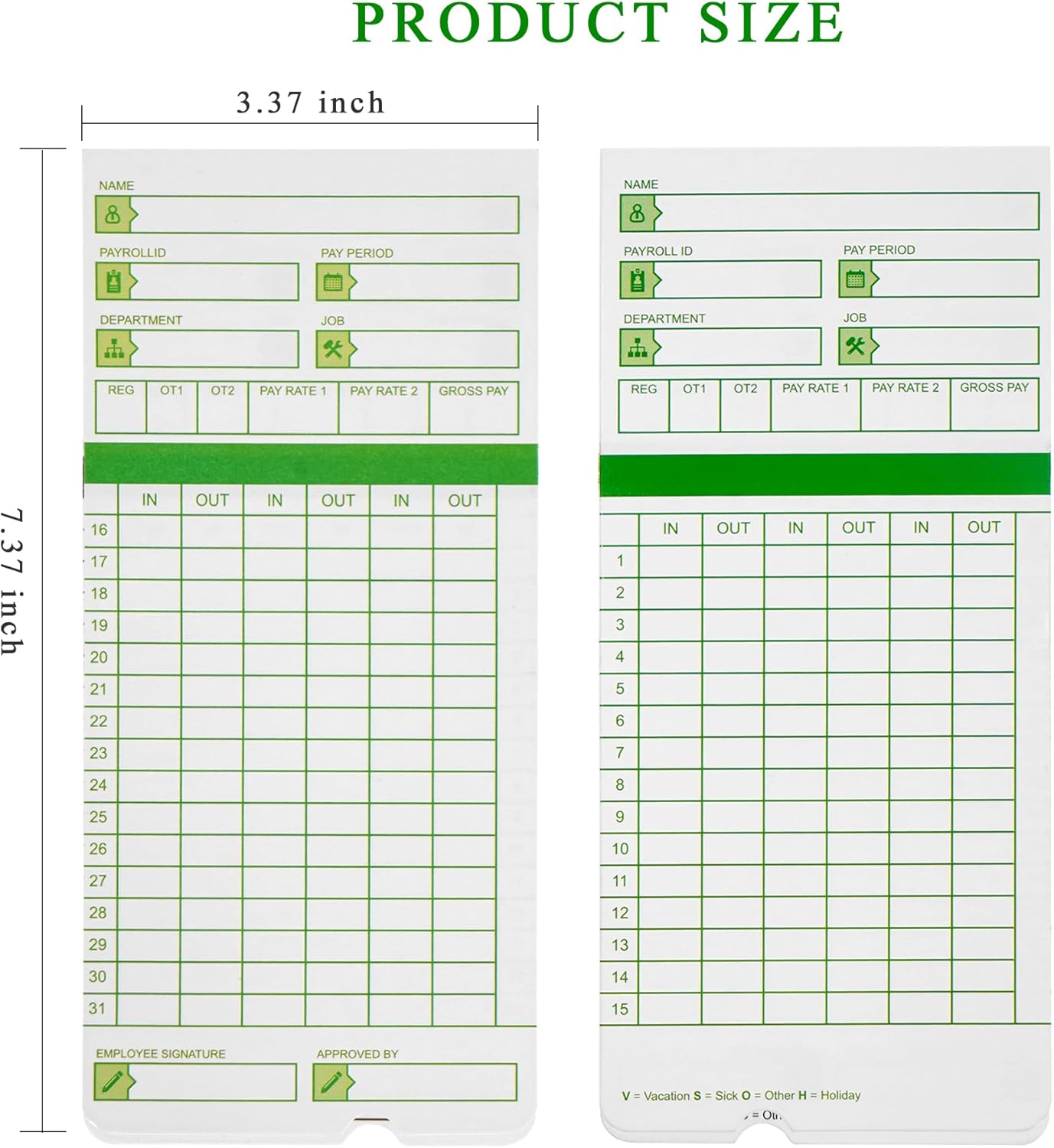 Zzrywuty All Pay Periods, 300 Count Time Cards for Hn3000, 2-Sided, 3 3/8" x 7 3/8", Green