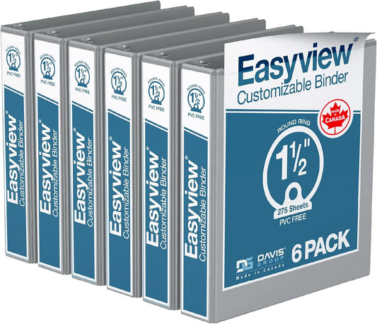 Easyview Premium 3-Ring Binders with Clear-View Covers and Round Rings, Binders for School or Office, 1.5 Inch, Pack of 6, Gray