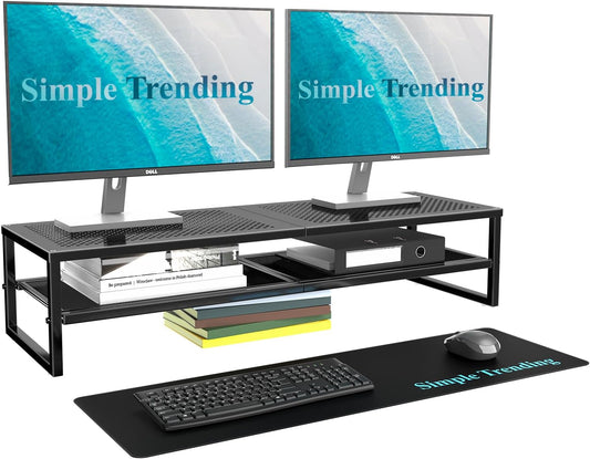Simple Trending 2 Tier Metal Dual Monitor Stand Riser,Computer Office Desktop Organizer for 2 Monitors With 32"x10" Mouse Pad ,for Laptop,Printer,TV,Black
