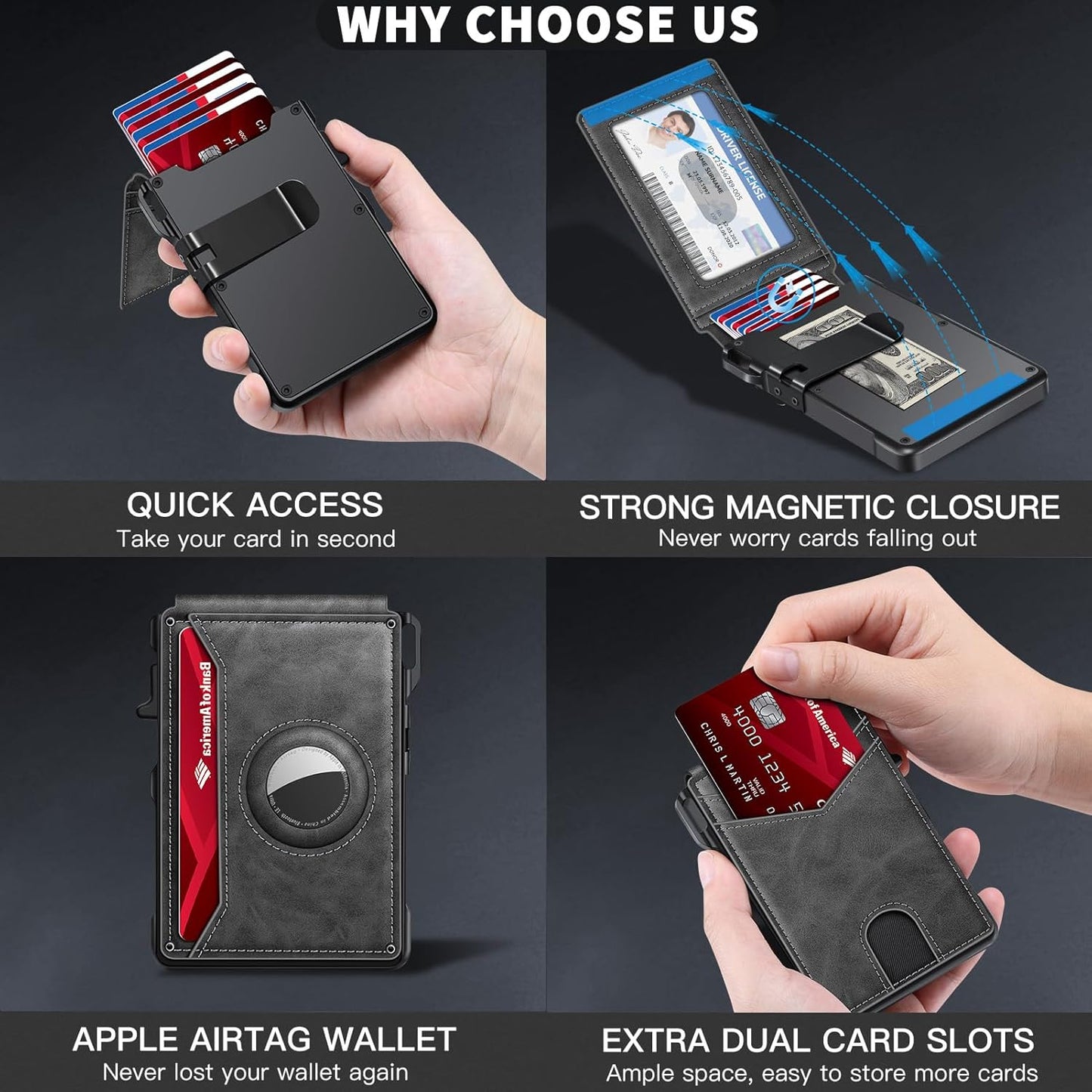 Airtag Wallet for Men, Mens Smart Wallet for Air Tag RFID Blocking, Minimalist Bifold Pop Up Aluminum Credit Card Case Holder 12+ Cards with ID Window, Gift for Men, No Airtag Included, Gray