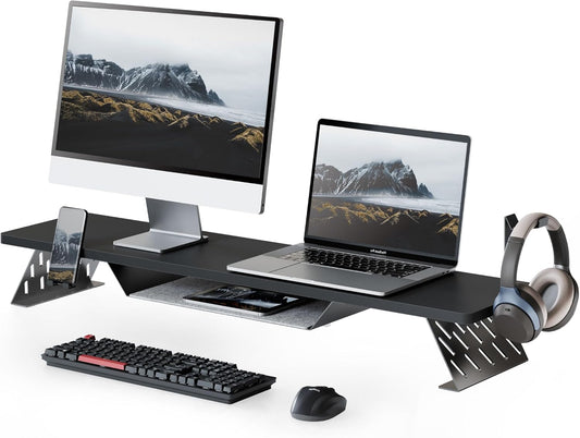 Fenge Dual Monitor Stand, 42.5 Inch Monitor Riser for Desk, Wood Desk Shelf for 2 Monitors, 2 Tier Monitor Shelf with Headphone Stand & Phone Holder