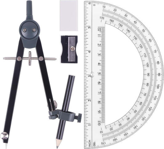 Professional Compass for Geometry Set, Metal Compass with Wheel and Lock for Geometry, Drawing Compass Tool, Circle Drafting Tool, and 6 Inch Math Protractors 180 Degree (Black)