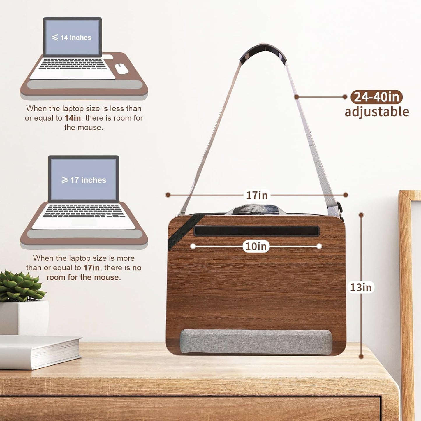 Lap Desk for Laptop Stand with Cushion, Adults with Storage Fits Up to 15.6in, Combines Features Bag and Pillow Table by Travel, Portable Workstation for Home College Office (Walnut Color)