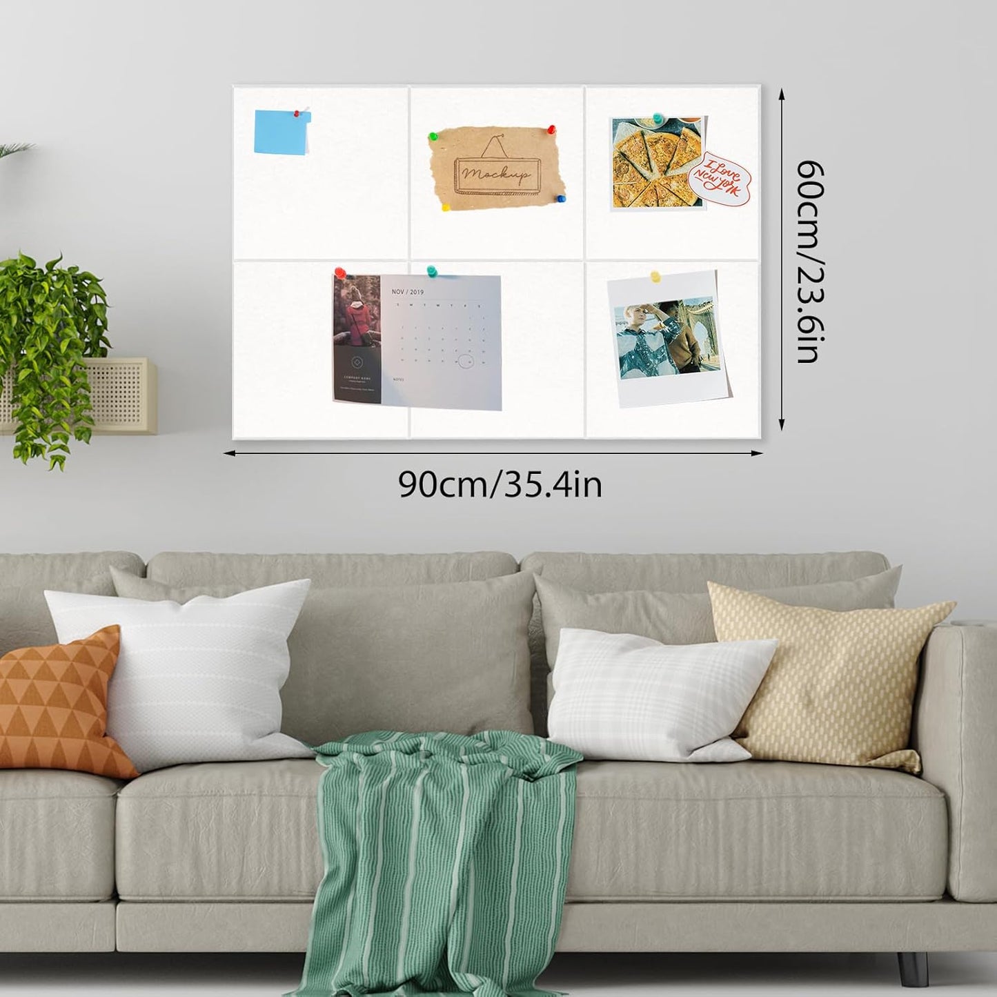 Large Cork Board 36" x 24", 6 Pack Felt Wall Tiles with Colored Pushpins, Bulletin Board with Removable Self-Adhesive Strips, Pin Boards Cork Boards for Walls Office Home School-White