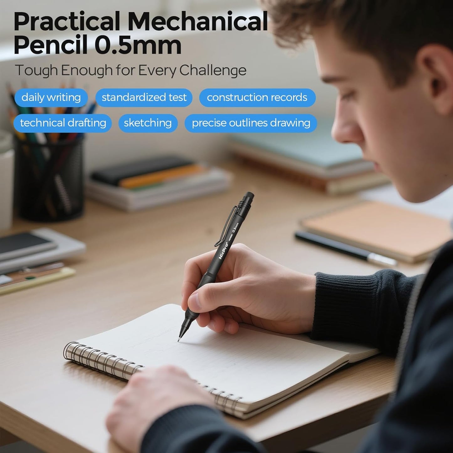 Nicpro HD1000 0.5 mm Art Mechanical Pencil Set in Case, 3 PCS Weatherproof Mechanical Pencils with 6 Tube HB Refills, Eraser, Weatherproof Barrel for Outdoor Writing Marking Drafting Drawing Sketching