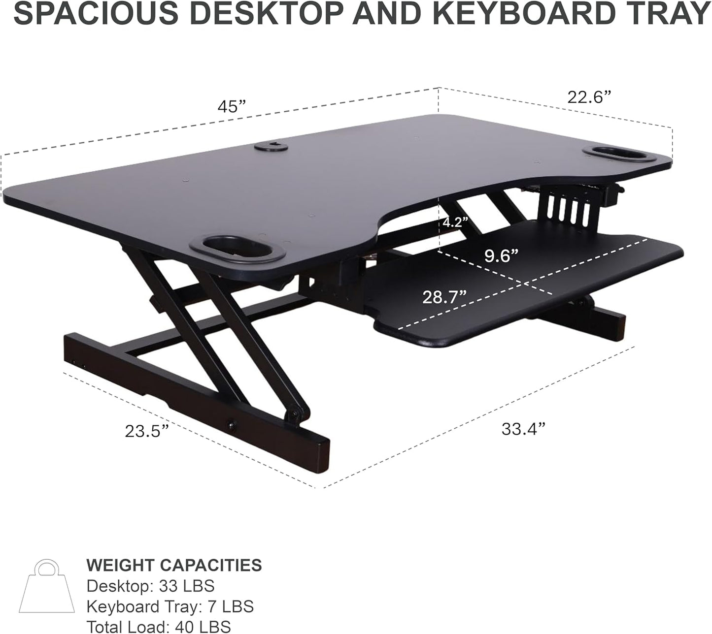 Rocelco 45" Height Adjustable Standing Desk Converter with Triple Monitor Mount and Slide Out Retractable Keyboard Tray - Sit Stand Up Three Screen Tabletop Riser Workstation - Black (R ADRB-45-DM3)