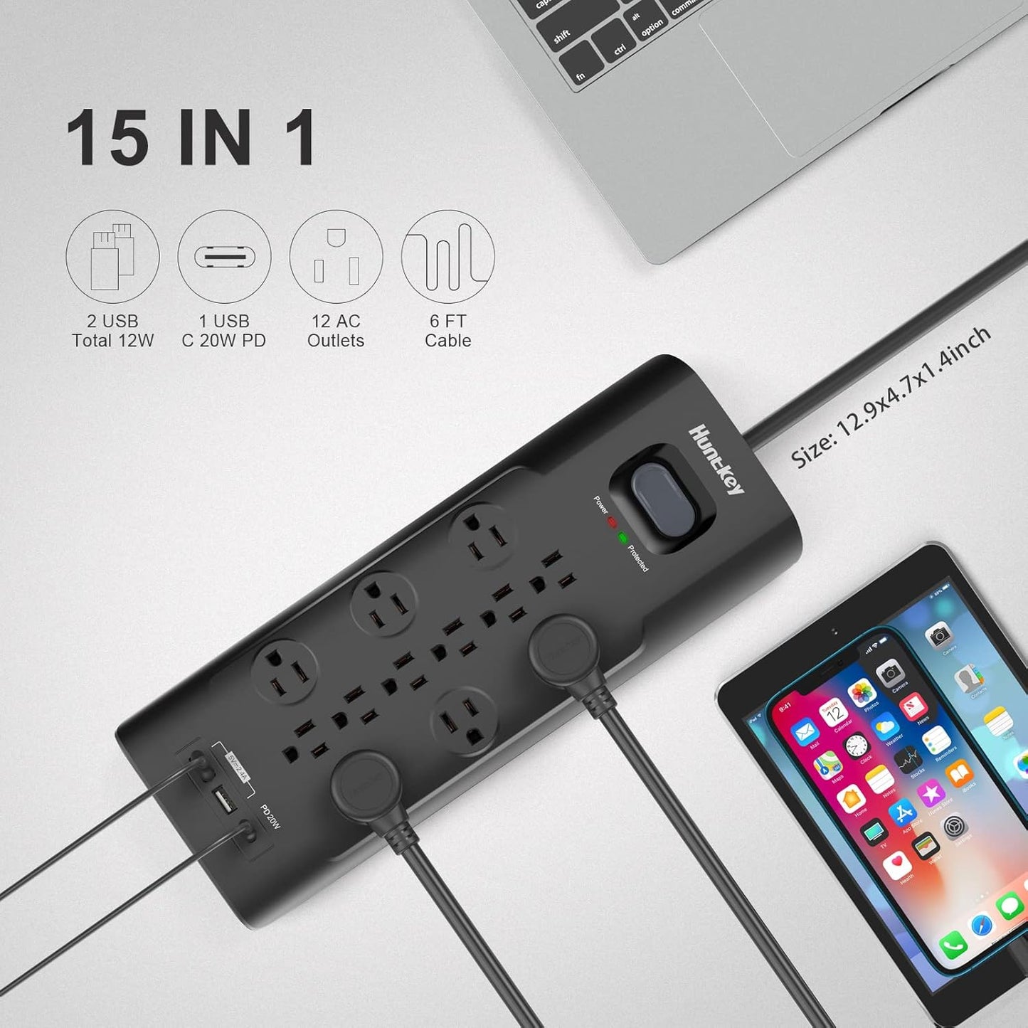 Surge Protector Power Strip (3480J), Huntkey 12 Outlets with 2 USB A Ports and 1 USB C Ports, 20W Power Delivery Charging for Home, Office, Dorm Essential, ETL Listed