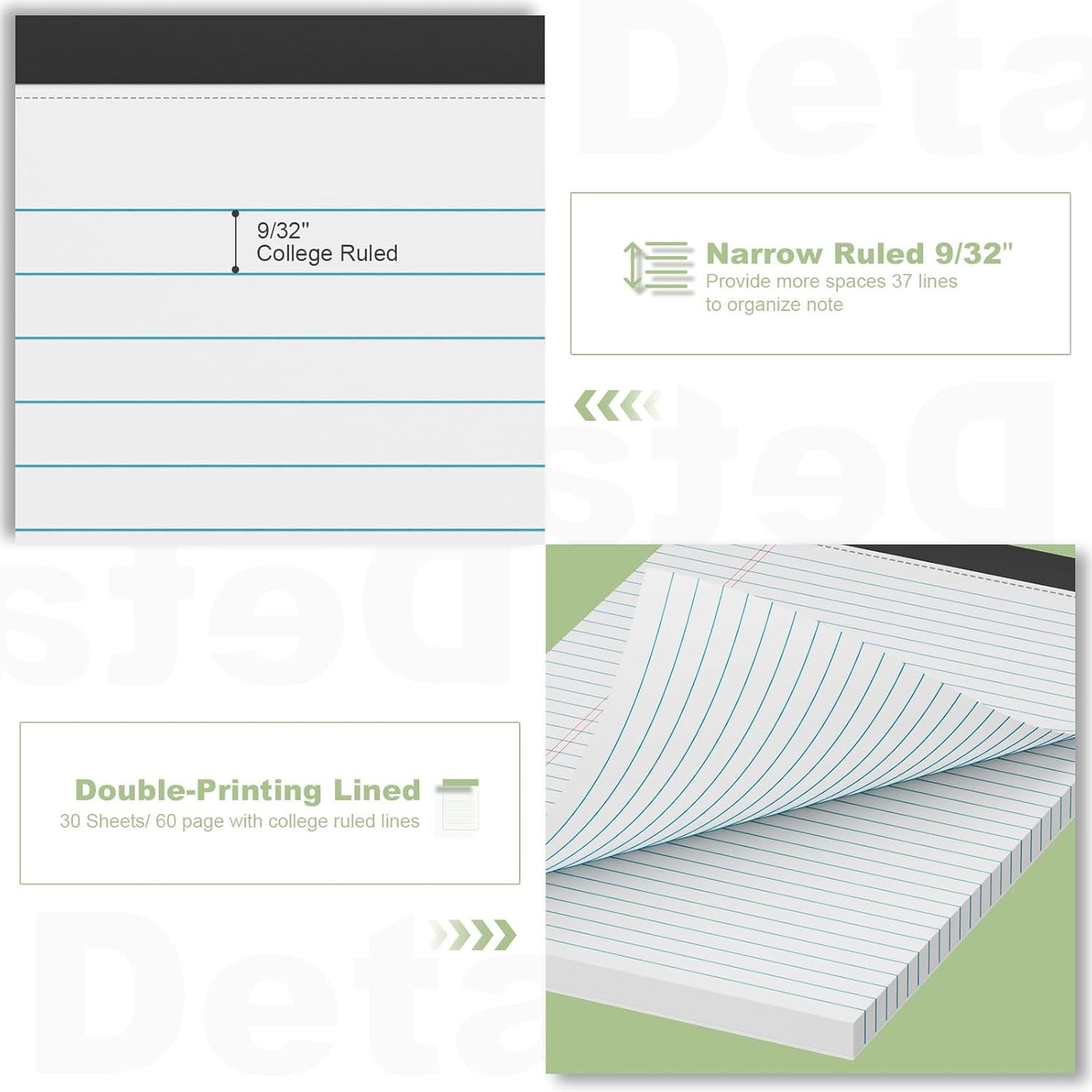 White Legal Pads 8.5 x 11 Narrow Ruled, 3 Pack Notepads College Ruled Pads of Paper With Sturdy Back 37 Lines 70 GSM Paper, Writing Note Pads 30 Sheets Per Writing Pad for Taking Notes, Reminders