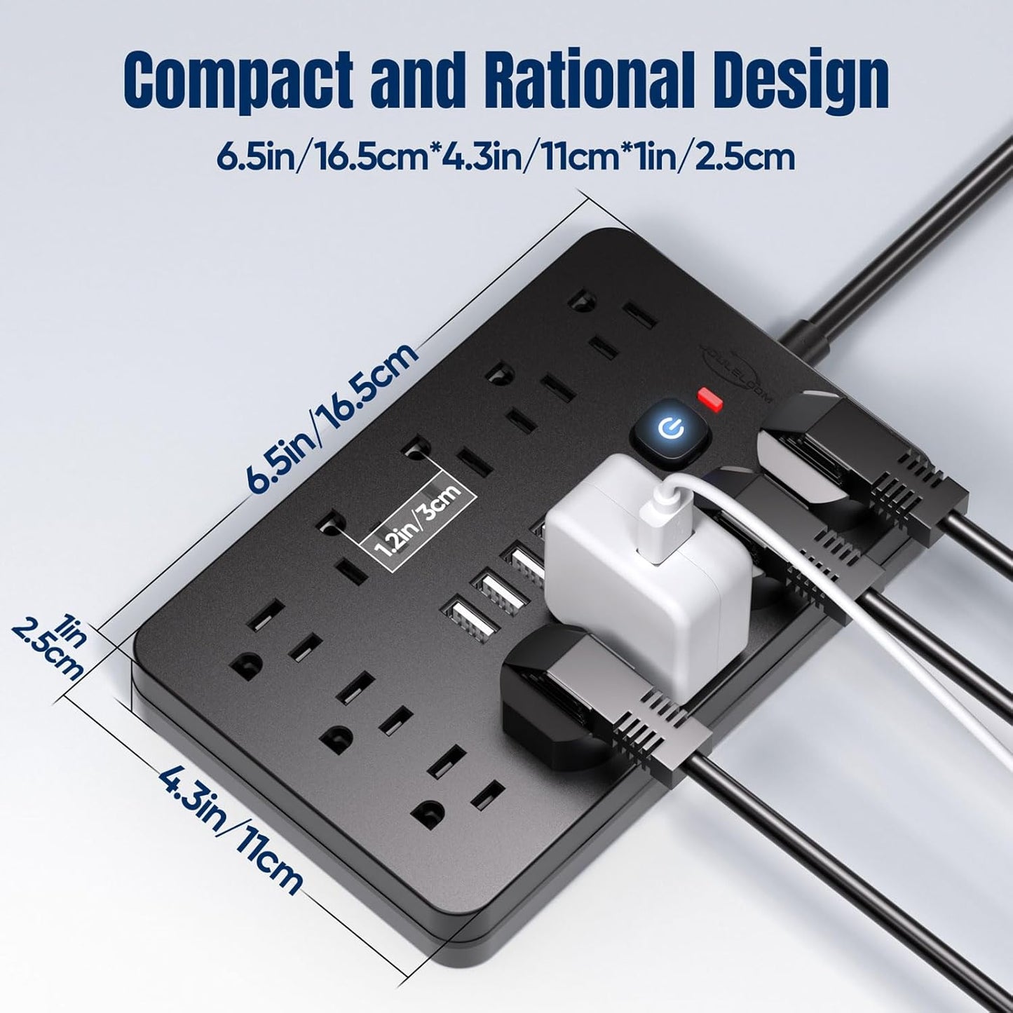 20 FT Flat Plug Surge Protector Power Strip,11 Multiple AC Outlets with 6 USB Ports (2 USB C), 20 Feet Extension Cord, 1250W/10A, One Touch Switch Button, 17 in 1 Compact powerstrip