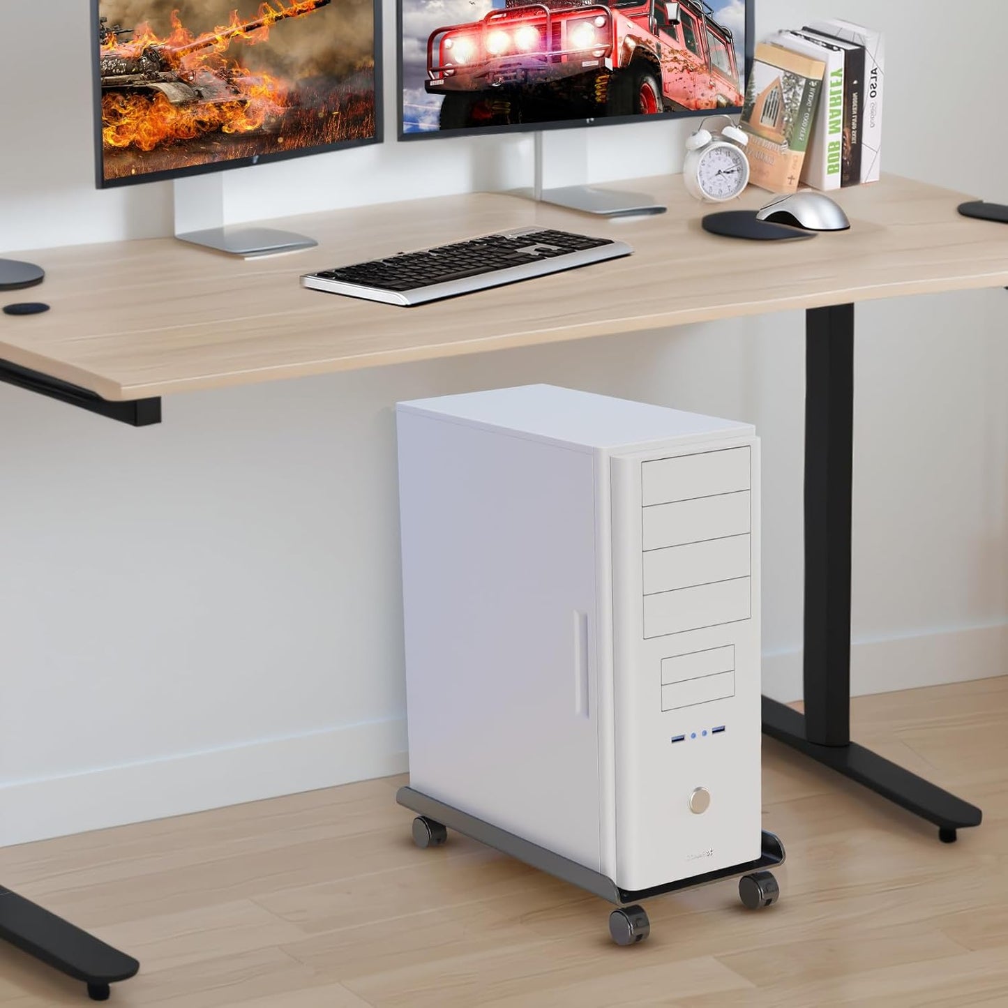 Computer Tower Stand, Ventilated Mobile CPU Stand Fits Most PC Tower, Steel Desktop CPU Holder with Rolling Caster Wheels, PC Floor Cart Riser for Gaming Office Desk Accessories