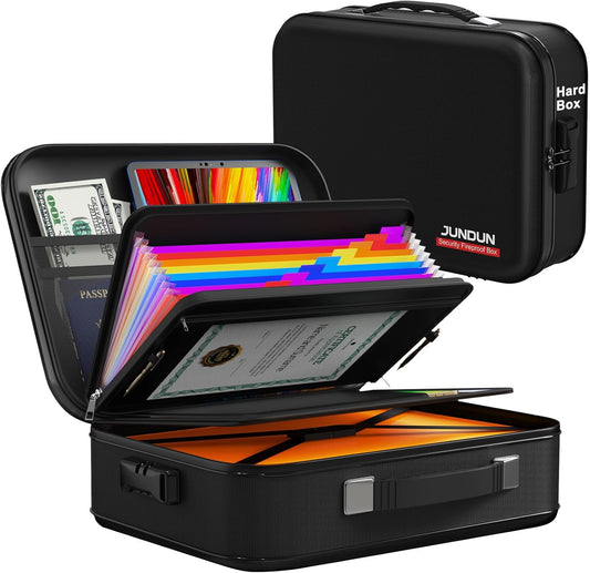 JUNDUN Fireproof Document Box,Hard Case Fireproof Document Organizer with Lock，Home Travel Portable Fireproof Safe Storage Box for Letter Size Documents,files,Papers and Passport,Colourful