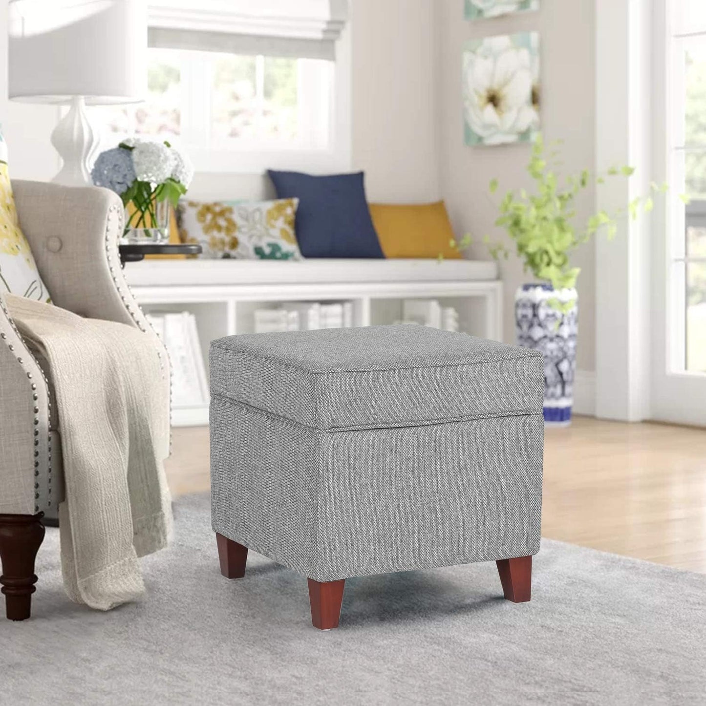 Adeco 17" Square Ottoman with Storage, Small Blue Storage Ottoman Foot Rest with Hinged Lid & Solid Wood Legs, Linen Fabric Foot Stool for Living Room & Bedroom