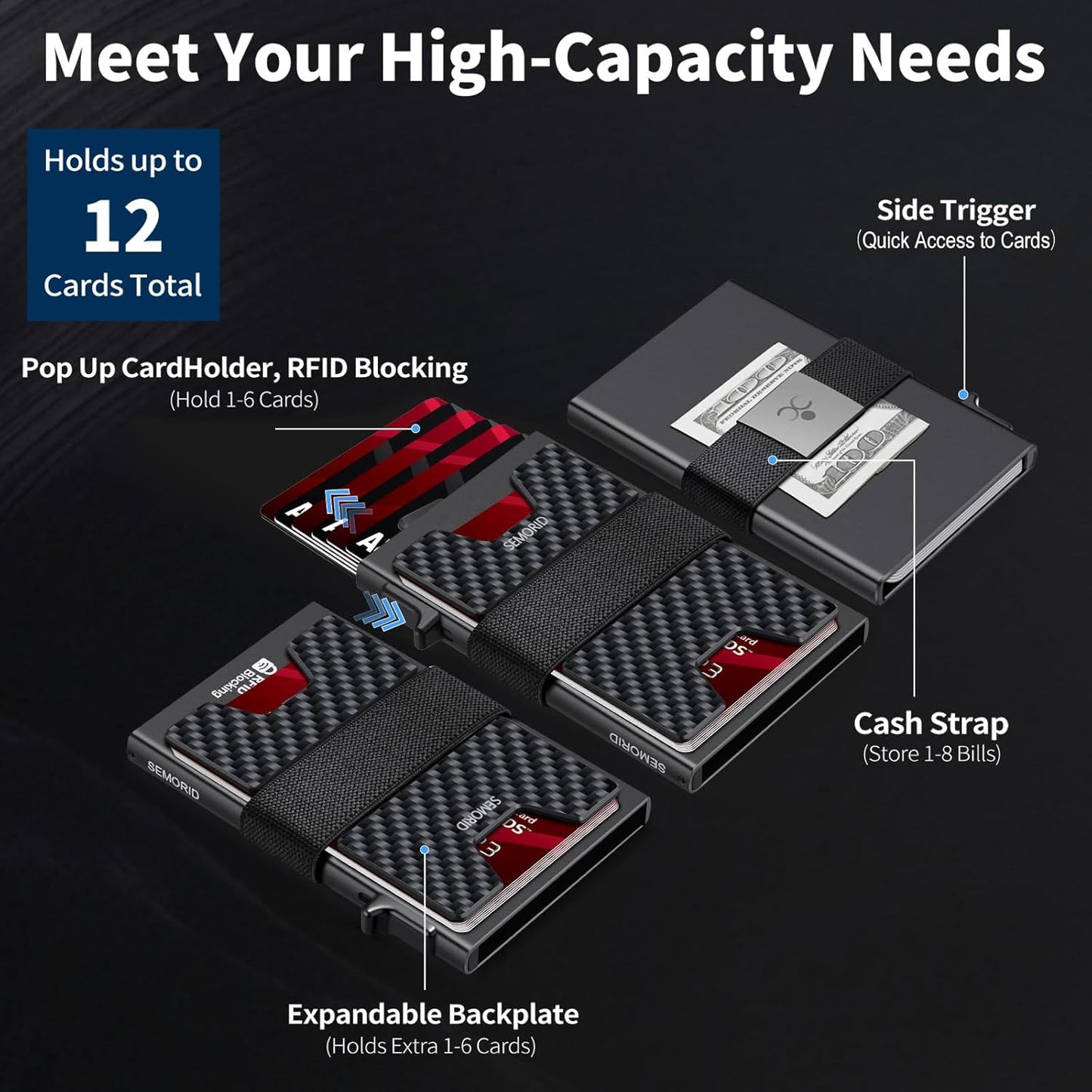 Slim Wallet for Men, Minimalist RFID Blocking Mens Wallet with Pop Up Case, Thin Metal Credit Card Holder with Cash Strap & Expandable Backplate - Holds 12 Cards