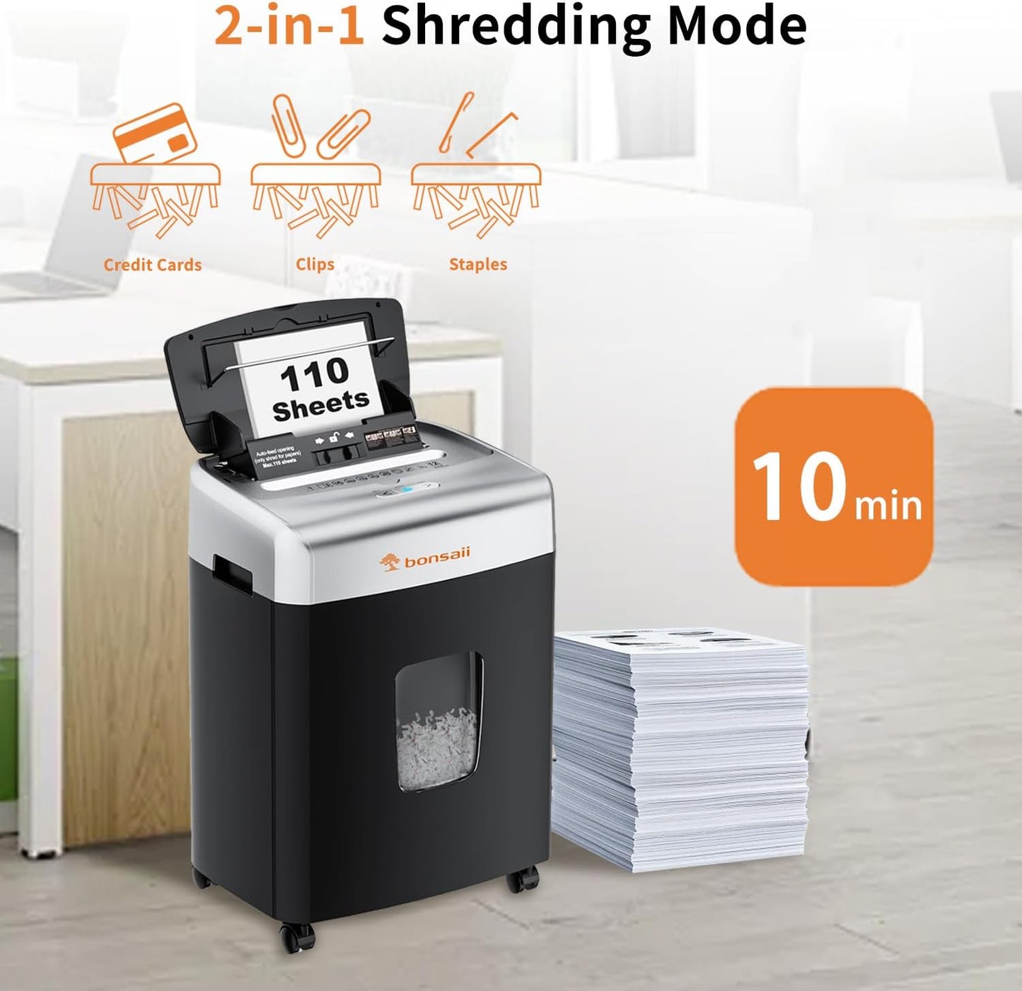 Bonsaii Heavy-Duty Paper Shredder for Home & Office - 110-Sheet Autofeed, Micro Cut, P-4 Security Level, 30-Minute Continuous Shred, 6-Gallon Bin