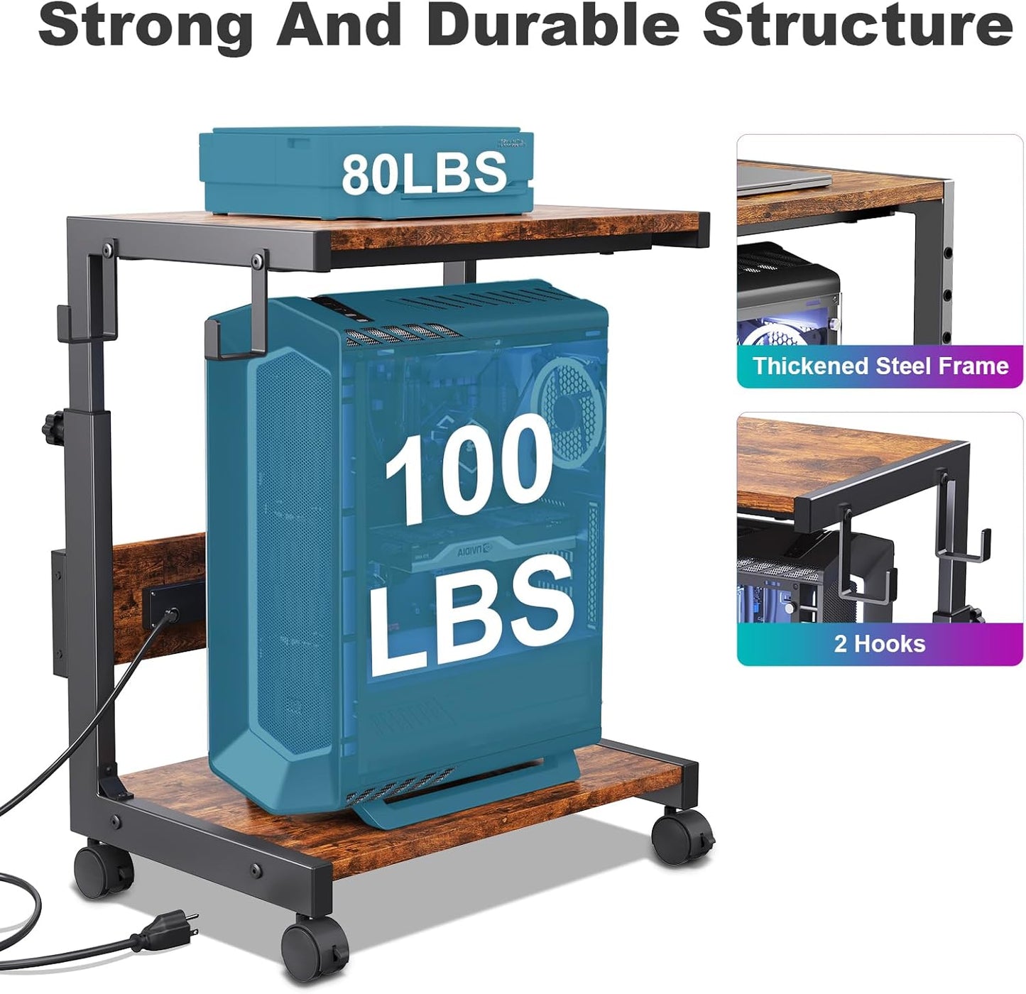 Computer Tower Stand with Charge Station and USB Charging Port - Height Adjustable PC Tower Stand, Under Desk CPU Holder Cart with Locking Caster Wheels for Fits Most PC