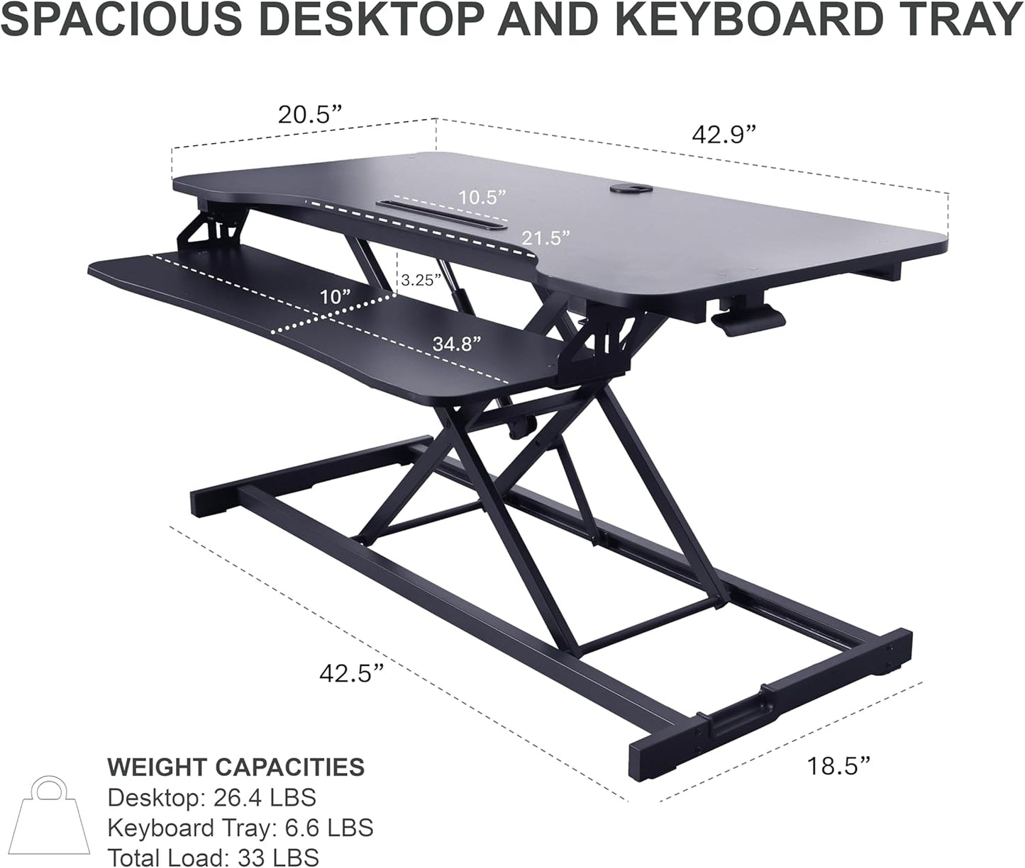 Rocelco 43" Height Adjustable Standing Desk Converter with Premium Dual Monitor Arm Mount - Tall Stand Up Tabletop Riser and Tablet Slot - Computer Workstation - Keyboard Tray - Black (R VADRB-43-MA2)