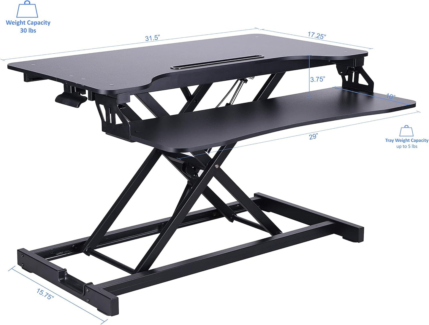 Rocelco Standing Desk Converter 31.5 Inch Sit Stand Up Dual Monitor Tabletop Riser with Tablet Mount, Height Adjustable Home Office Workstation - Deep Keyboard Tray for Laptop Mouse - Black (R VADRB)