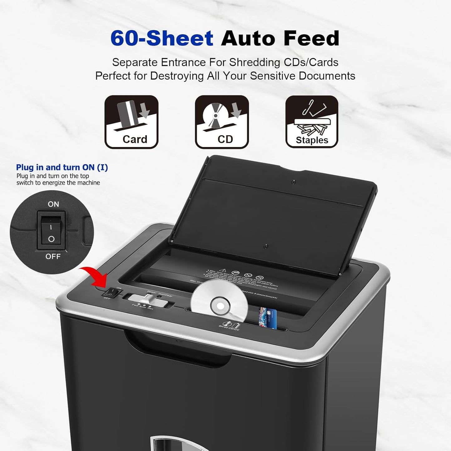 Paper Shredder for Home Office, 60 Sheets Auto Feed, 55dB Super Quiet, P-4 Cross Cut, 2.4m/min High-Speed Shredding, 5.8 Gallon Bin, CD/Credit Card Shredder with Anti-Jam & Dual Modes