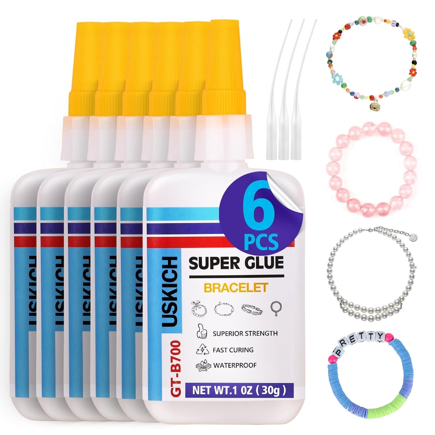 Super Glue for Jewelry Bracelet with Anti Clog Cap. 6 X 1 Fl Oz,Ca Glue - Adhesive Clear Glue for Bracelets,Necklaces,Clay Beads, Bead Charms, Punctuation Beads,Heishi Beads,Quick Dry