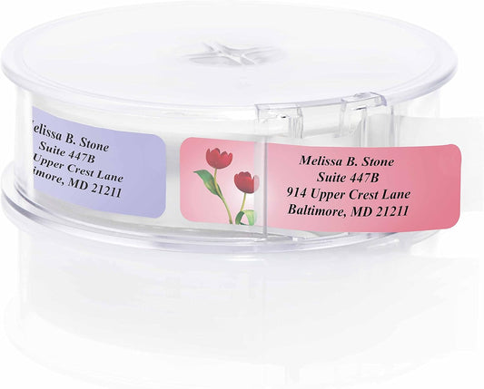 Garden Blossoms Designer Assorted Rolled Address Labels with Elegant Plastic Dispenser