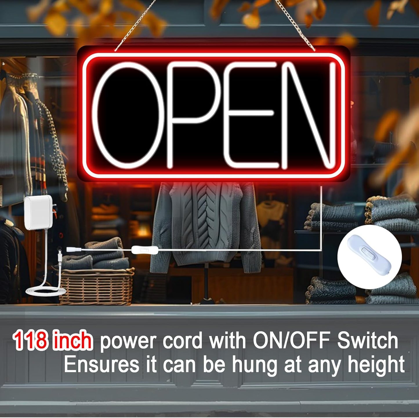 22" X 11" Led Neon Open Signs for Business Ultra Bright Plug In Electric Light Up Large Open Signs with ON/OFF Switch and 12V/2A AC Adapter for Storefront Window Bar Salon Coffee Stores (Red/White)