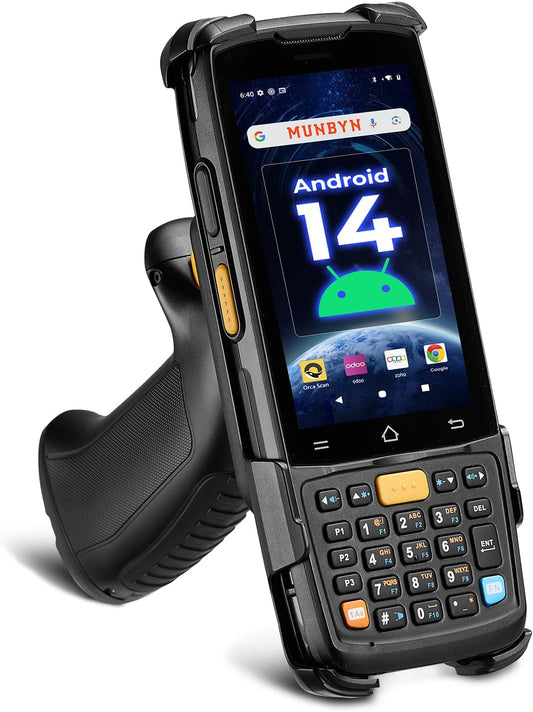 MUNBYN Android 14 Barcode Scanner with Pistol Grip,Equipped with Honeywell HS7 QR Scanner, 4GB+64GB Handheld PDA, 4-inch Touchscreen, IP65 Rugged, 5000mAh for Inventory Warehouse Logistics MC005P