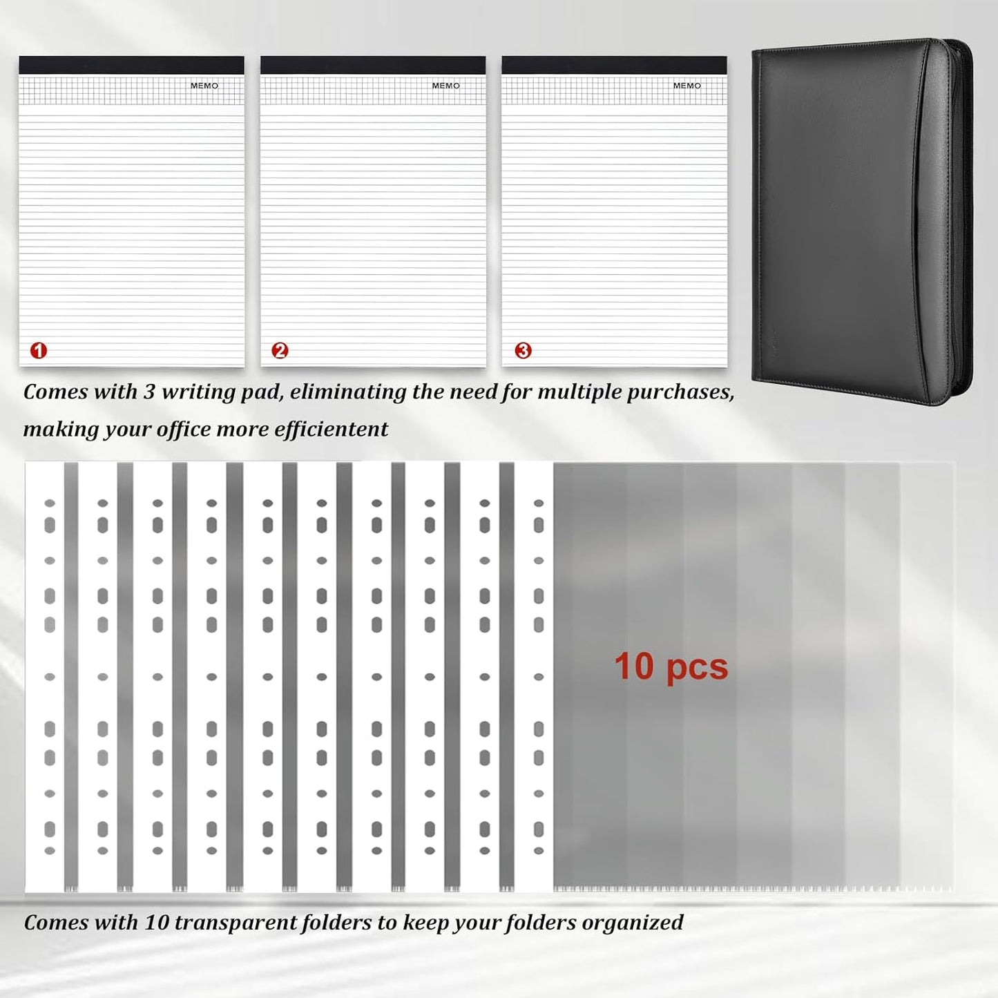 Leathario Portfolio Binder, Includes 10 Sheet Protectors and 3 Notepads, 3-Ring Folder Organizer, A4 Padfolio with Zipper, Vegan Leather Tablet Sleeve, Business Office Conference Clipboards