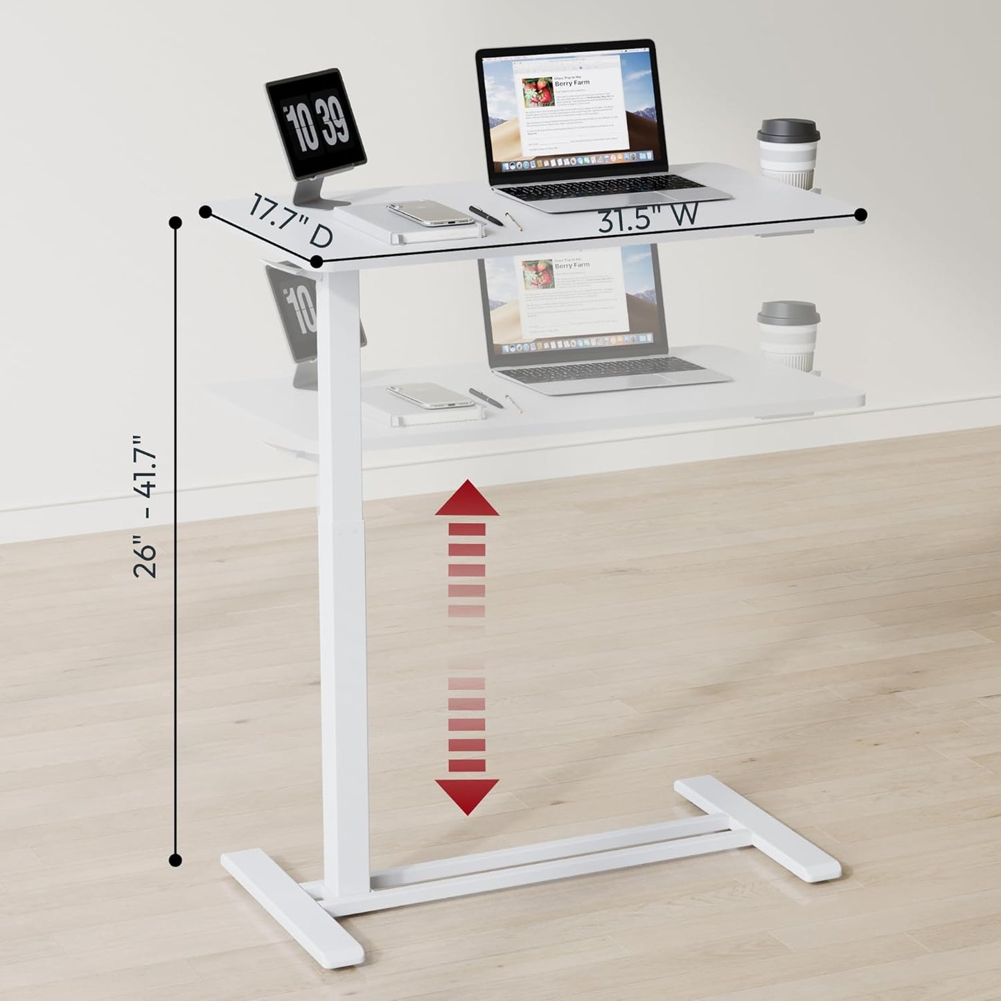 SANODESK Mobile Standing Desk with Hidden Wheels,Pneumatic Laptop Desk Rolling Computer Cart Movable Height Adjustable Small Sit Stand Desk for Home Office(31.5" W x 15.7" D,White)