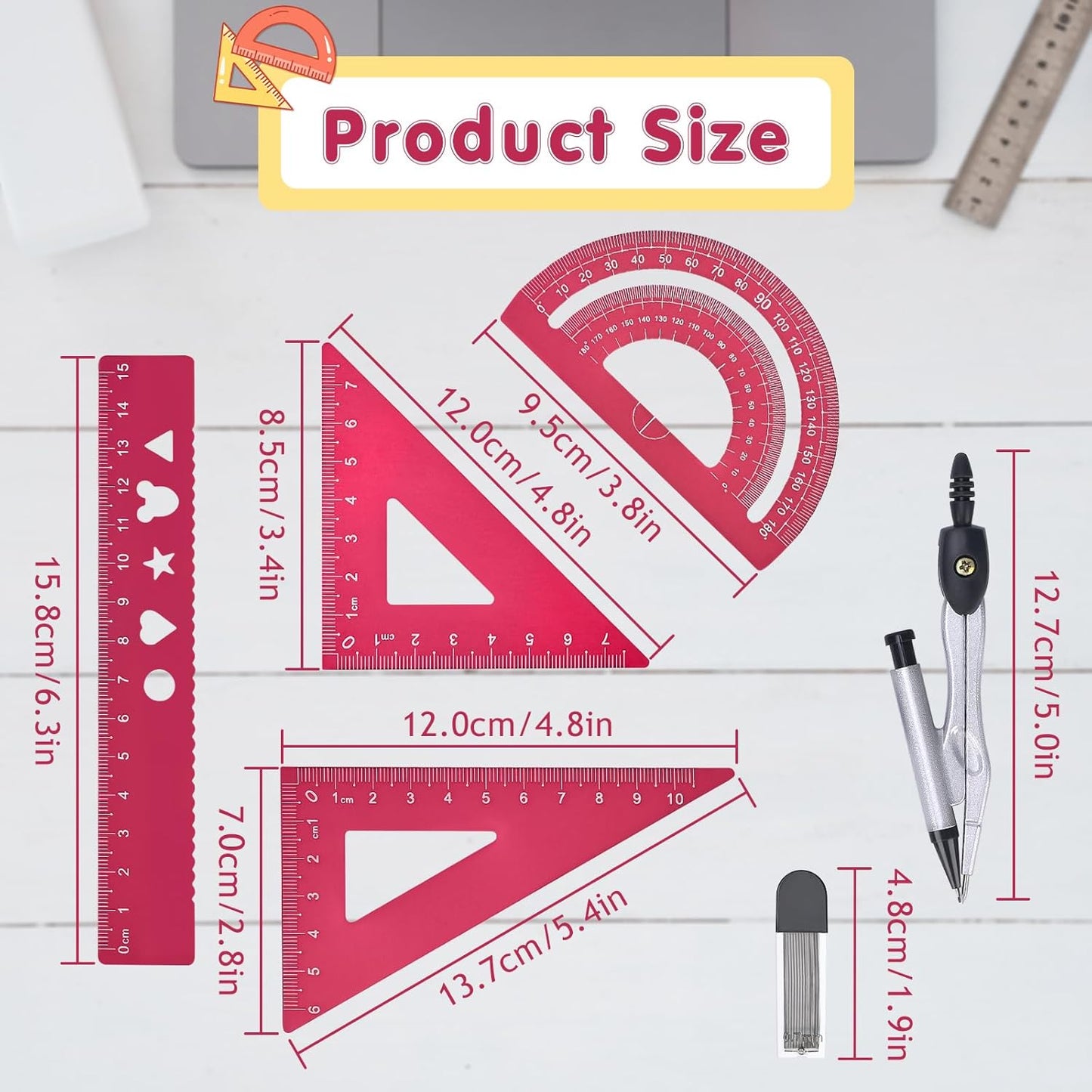 6 Pcs Metal Geometry Set, Math Geometry Kit, Metal Ruler Set and Compass Geometry Tool, Rulers Protractor and Compass Set for Student School and Drawings Supplies (Red)