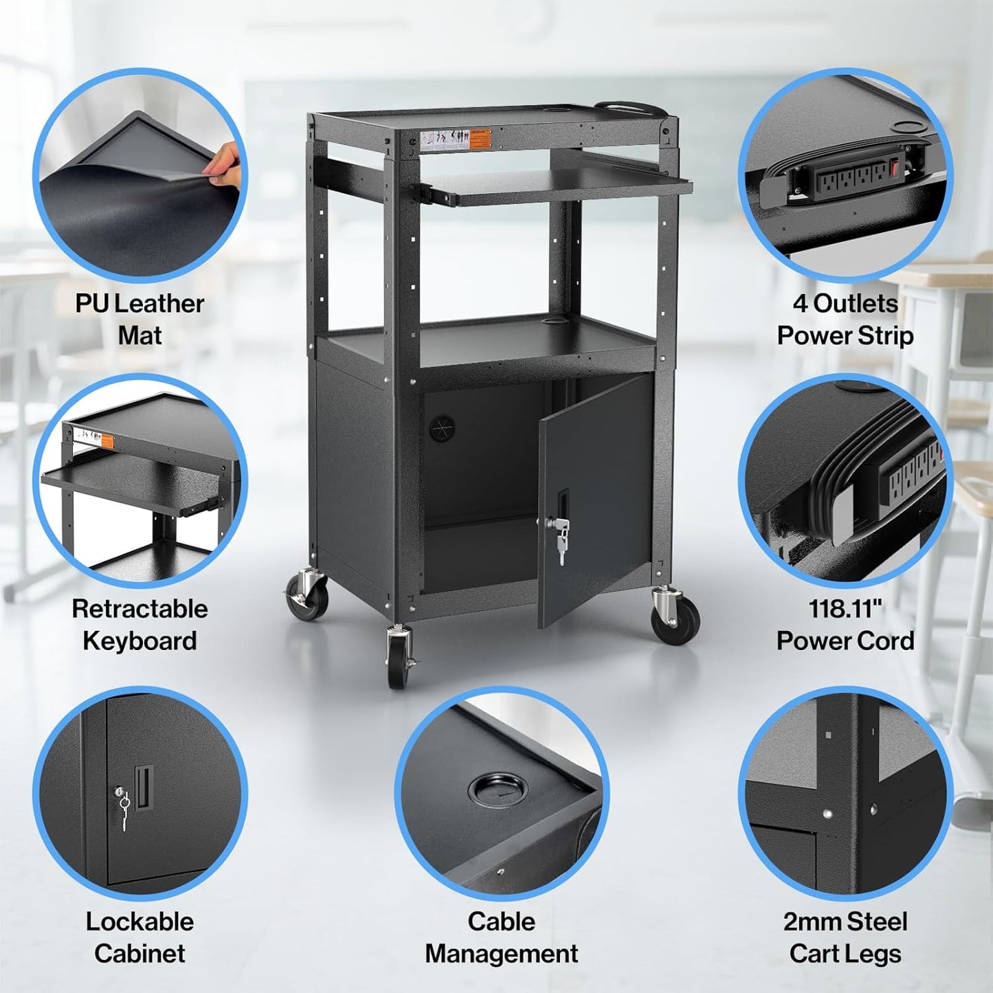 Steel Large AV Cart with Locking Cabinet - Adjustable Height Media Carts with Wheels, Pullout Tray, Power Strip for Mobile Work Station - Rolling Computer Cart for Office Classroom Presentation
