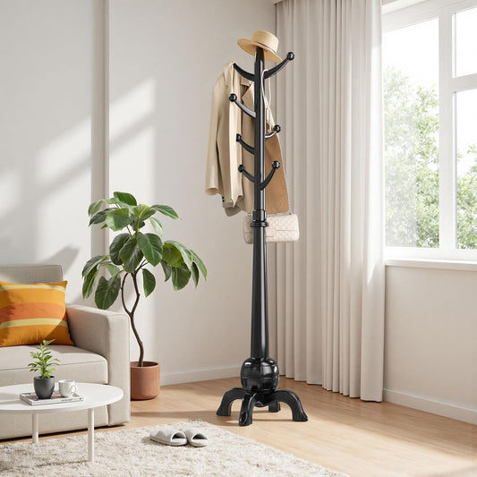 Wood Coat Rack Freestanding, Solid Wooden Hall Tree with 8 Hooks, Coat Tree Freestanding Heavy Duty with Stable Base, Entryway Hallway Bedroom Office Use, 240lbs Load Capacity H:71.6in (Black)