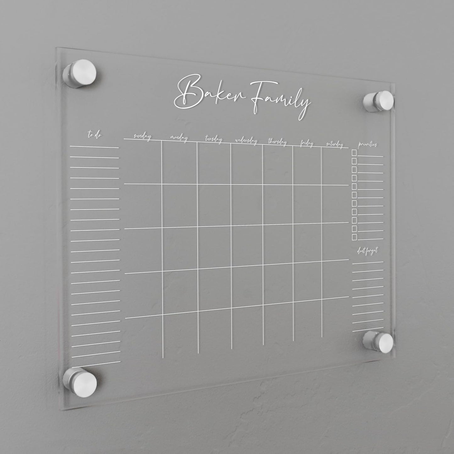 Personalized Clear Acrylic Calendar for Wall, Calendar Whiteboard for Wall, Dry Erase Wall Calendar, Wall Calendar Organizer System for Home (Cursive, White, 14"W x 11"H)