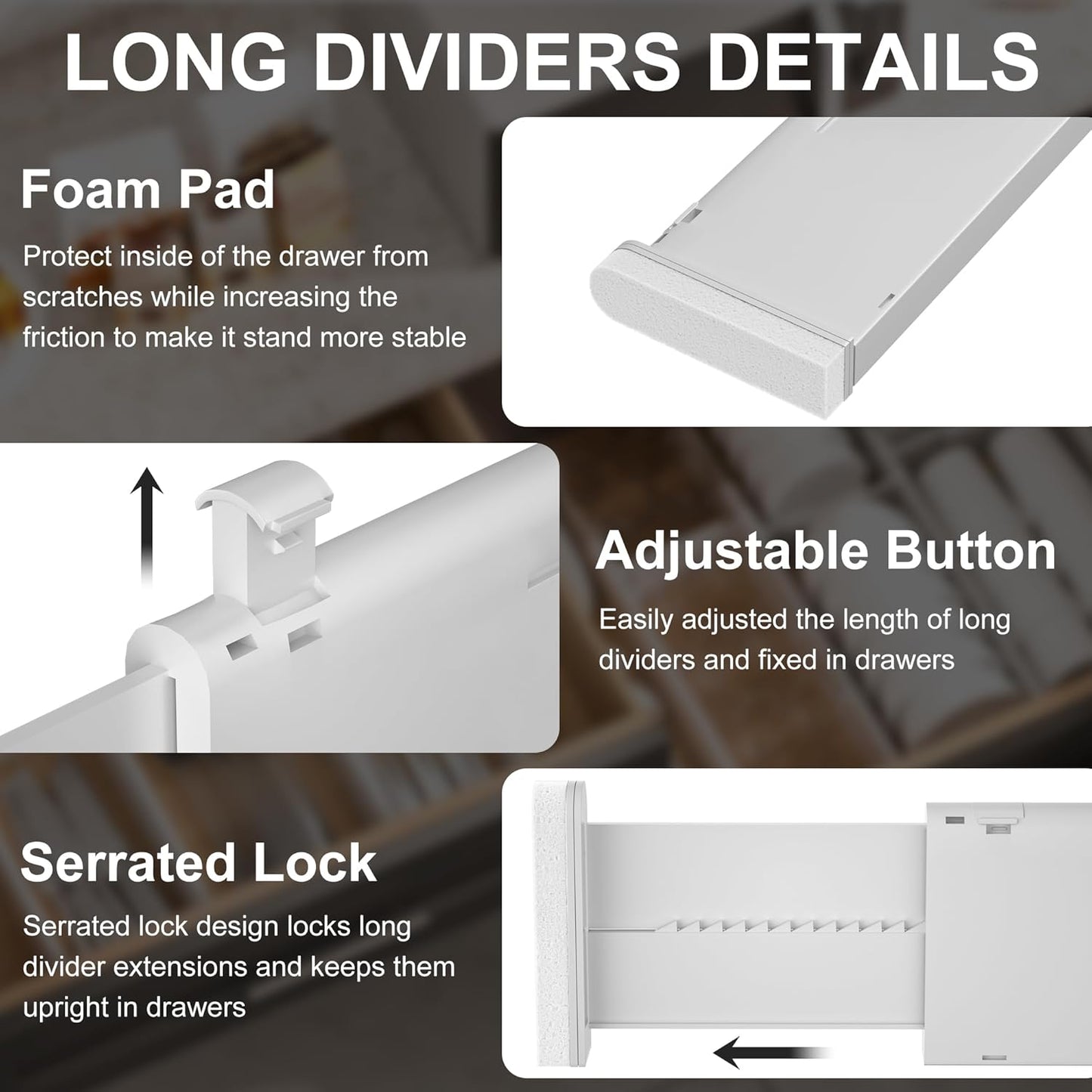 HiYZ Expandable Drawer Dividers - 12.6-22.8'' Adjustable Drawers Organizers for Kitchen Utensils, Drawer Separators in Bedroom, Dresser, Office, Bathroom, Fridge, 12 Pack Long Dividers-Gray