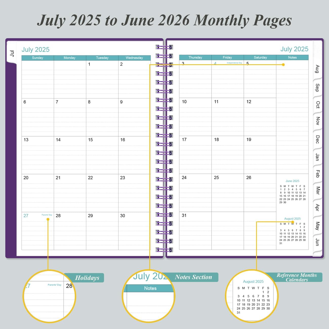 2025-2026 Planner - Academic Planner 2025-2026 from July 2025 - June 2026, Weekly & Monthly Planner Spiral Bound with 12 Monthly Tabs, Inner Pocket, 6.4" x 8.5", Purple