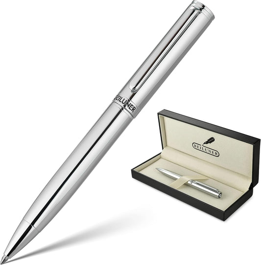 BEILUNER Silver Gel Pen - Luxury Featuring Bright Chrome Finishes, Black Ink Refill, Best Pen Gift Set for Men & Women, Business Signature, Executive, Office Retractable,Nice Fancy Designer Pens