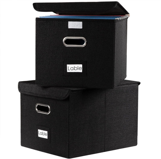 PRANDOM File Organizer Box - Set of 2 Collapsible Decorative Linen Filing Storage Hanging File Folders with Lids Office Cabinet Letter Size Black (15x12.2x10.75 inch)
