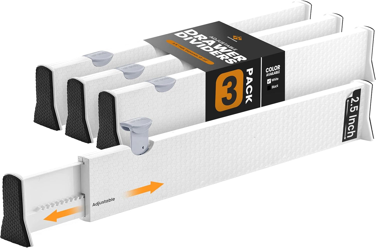 RAPTUROUS Adjustable Drawer Dividers, 2.5" Tall, Expandable 13-22", 3-Pack, Non-Slip for Dresser, Closet, Kitchen, Nursery, and Office (White)