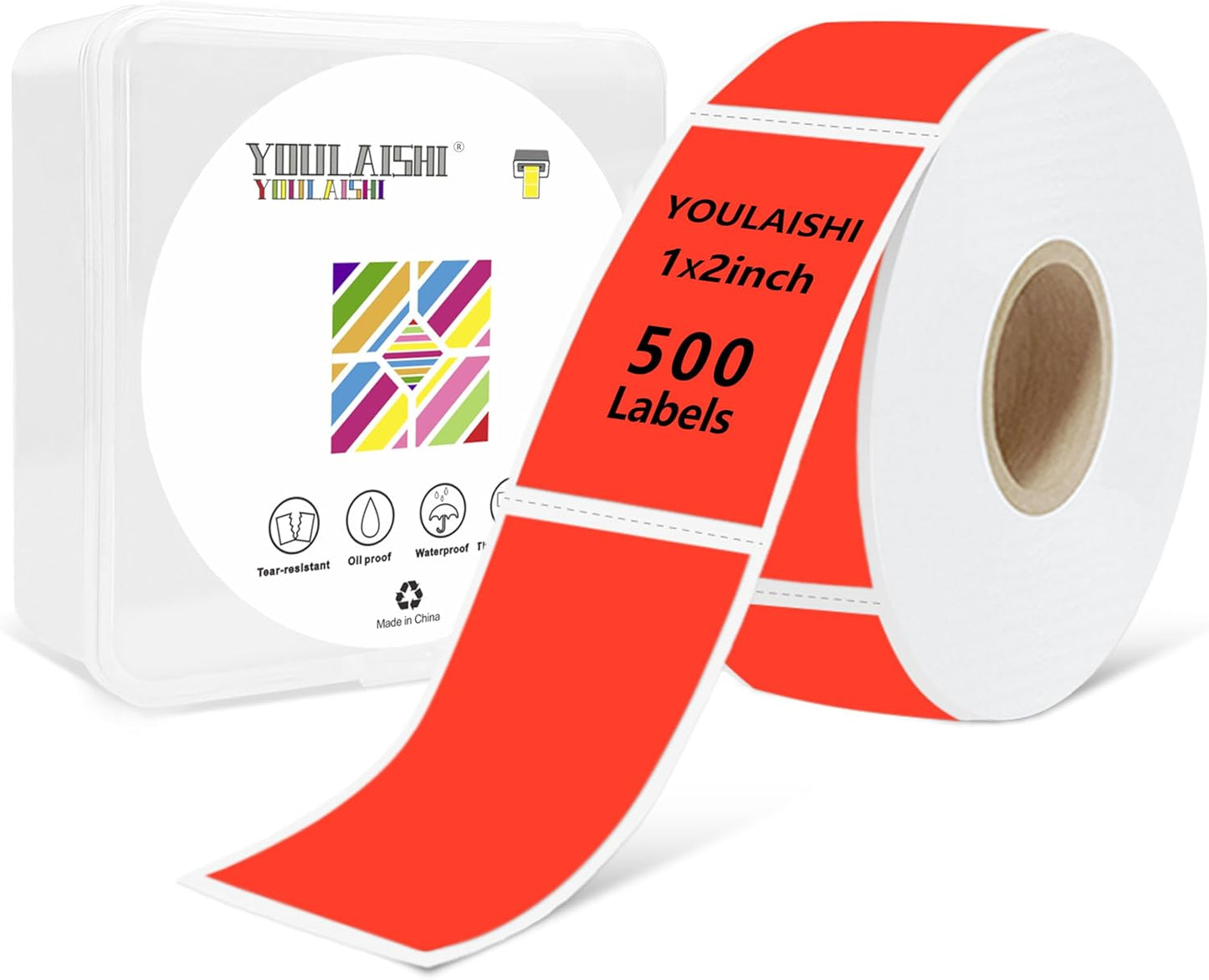 1X2 inch Label Stickers Roll for Thermal Printer 500PCS Colored Removable Freezer Labels Waterproof Blank Sticker Labels to Write on for Food Containers and Jars, Fluorescent Red